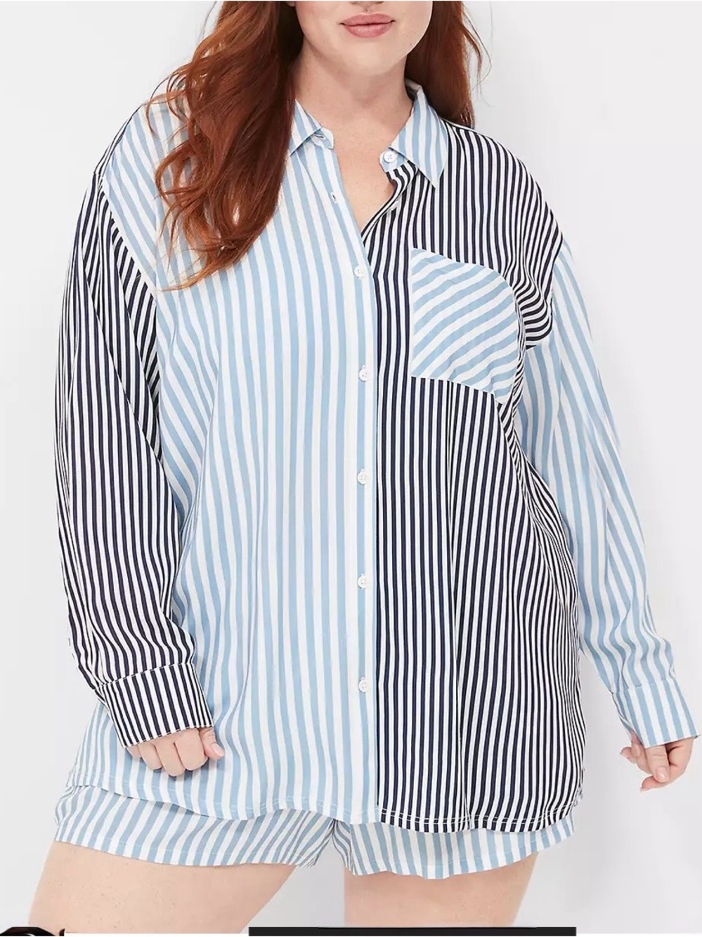 Lane Bryant Cacique Woven Print Mix Sleep Shirt Blue Striped Button Front Plus